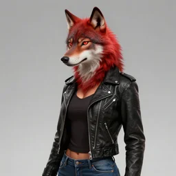 upper body shot, anthropomorphic female wolf with red fur, wearing a black leather jacket and denim pants, detailed, artstation, in the style of triateix