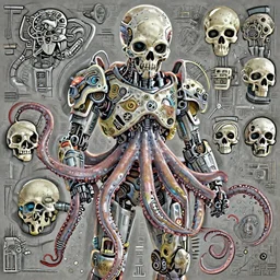 a digital art portrait of post apocalyptic robot octopus with human skulls by Simon Stalenhag, mechanical human skull with power armour character design, character sheet, 4k, ultra detail, volumetric lighting, unreal engine, octane render