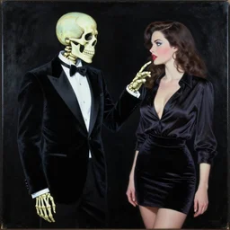 a skeleton in a black suit tuxedo, talking to a beautiful woman in a low cut blouse and a miniskirt, Black light velvet painting by Basil Gogos and Robert McGinnis