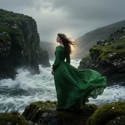 dark and moody 1 9 7 0's artistic spaghetti western film in color, a woman in a giant billowing wide long flowing waving green dress, standing inside a green mossy irish rocky scenic landscape, crashing waves and sea foam, volumetric lighting, backlit, moody, atmospheric, fog, extremely windy, soft focus