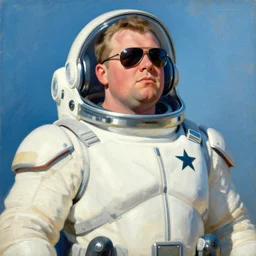 chubby rich evans from rlm as space cop, sunglasses, star on chest, painting by jc leyendecker!! phil hale!, angular, brush strokes, painterly, vintage, crisp