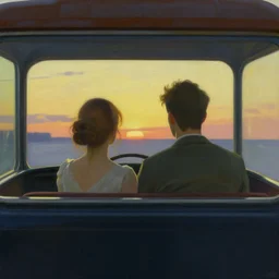a storybook illustration of a couple in car driving into the sunset scene painted by Edward Hopper masterpiece, intricate, elegant, fantasy, highly detailed, digital painting, concept art, sharp focus, artstation