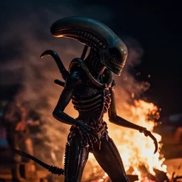 cinestill of a xenomorph backlit by a bonfire at night