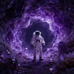 astronaut on purple [ [ [ crystal ] ] ] caves, amethyst, beautiful dynamic lighting, cinematic, wide angle establishing shot, extremely high detail, photo realistic, cinematic lighting, matte painting, interstellar, greg rutkowski, roger deakins