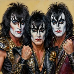 Caricature portraits done of KISS band members in makeup, realistic, hyperrealistic, very realistic, highly detailed, very detailed, extremely detailed, detailed, oil painting, digital art, trending on artstation