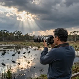 a photographer with a dslr and a telephoto lens watching birds on a swamp, flat landscape, trees in the background, slightly dramatic clouds