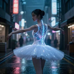 portrait of a cyberpunk ballerina with electric led wires on the back standing in a dark street, dimmed neon lights, lens flare, heavy rain, deep focus, d & d, intricate, elegant, highly detailed, photo, seoul, artstation, blade runner, 8 k, sharp focus,