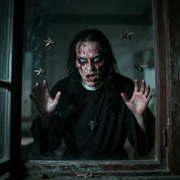 insane priest staring at flies on a window, film still from a horror movie, 4k