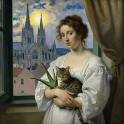 close portrait of woman in night gown with cat and aloe vera, with city with gothic cathedral seen from a window frame with curtains. sun through the clouds. georges de la tour, egon schiele, henri de toulouse - lautrec, utamaro, monet