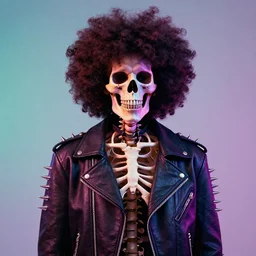 skeleton with an afro wearing a spiked leather jacket, stylized, lofi colors