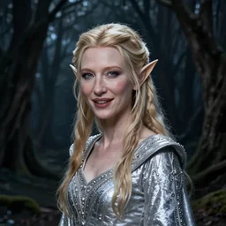 portrait of mischievous, enigmatic!!, dangerous young!!! Galadriel (Cate Blanchett) as a queen of elves, dressed in a refined silvery garment. The background is a dark, chilling eastern european forrest.  night, horroristic shadows, higher contrasts, (((lumnious))), theatrical, character concept art by ruan jia, (((thomas kinkade))), and J.Dickenson, trending on Pinterest, ArtStation