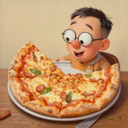 pizza is good for your soul, cartoon, hyperrealistic painting, high resolution