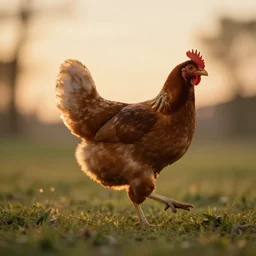 chicken running to a sunset