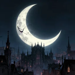 a crescent moon with a wide grin over a gothic city by leonid afremov, trending on artstation
