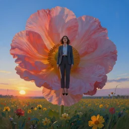 closeup, giant flower head, girl in suit floating above field of flowers, surreal photography, sunrise, blue sky, dramatic light, impressionist painting, digital painting, artstation, simon stalenhag