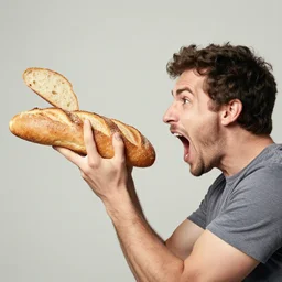 a man yelling at bread