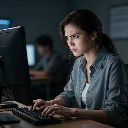 angry woman looking at monitor typing on keyboard photo dramatic lighting from behind
