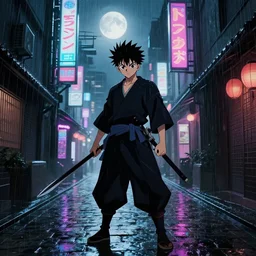 a cyberpunk samurai in a raining cobblestone alleyway in tokyo, neon lights, full moon, fog cinematic greg rutkowski anime art hunter x hunter togashi