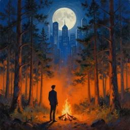 a realistic oil painting of a moonlit pine forest at night with a man standing by a bonfire, there's a man in a suit near the fire with his back turned away from the viewer, the top of the trees have morphed into a worm's eye view of art deco skyscrapers surrounding the moon, there are skyscrapers in the sky, the painting has cold blues at the top and warm orange colors at the bottom, a cross between pine trees and a city, orange and blue gradient