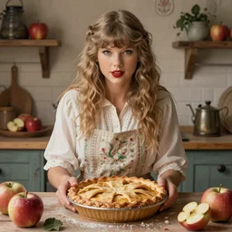 romanticism painting of ( ( taylor swift ) ) in a rustic style kitchen, baking apple pie, symmetrical face, beautiful eyes, cottagecore, artstation, 8 k, highly detailed