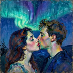 close portrait of woman and man kissing. aurora borealis. iridescent, psychedelic lapis - lazuli, turquoise colors. painting by egon schiele, agnes pelton, utamaro, monet