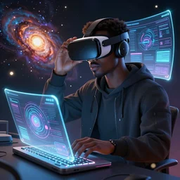 handsome black genius hacking the metaverse, vr headset, holographic keyboard and curved digital holographic displays, floating through spacetime, exploding nebulae, highly detailed, digital painting, artstation, concept art, smooth, sharp focus, illustration, art by wlop, mars ravelo and greg rutkowski