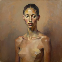 portrait in daring femininity, ethnic, realistic face sculpted features, thin and statuesque model in a color washed void, warm glow, bathed in light, chiaroscuro, specular highlights, angular impressionism, radiosity, natural color scheme, earthy tones, modern fashion, contemporary art, oil on canvas