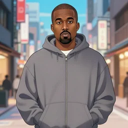 kanye west wearing hoodie, city, anime key visual, kyoto animation