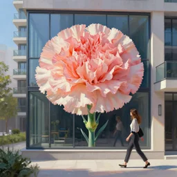 giant carnation flower head, woman walking next to modern window in luxury apartment, surreal photography, sunlight, impressionist painting, digital painting, artstation, simon stalenhag