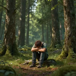 An introvert numbed in the forest, wide shot, HD, highly detailed, Blender Render