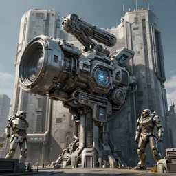 3 d sculpt of complex scifi digital movie camera brutalist industrial military building facade, halo, star wars, ilm, star citizen halo, mass effect, high tech industrial, artstation unreal