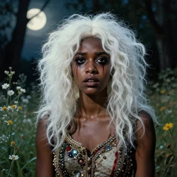 a beautiful but creepy young black woman in layers of fear, with haunted eyes, violence in her eyes, crazy white hair, wearing a punk outfit, 1 9 7 0 s, seventies, delicate embellishments, a little blood, woodland, moonlight shining on wildflowers, painterly, offset printing technique, by alexandre cabanel
