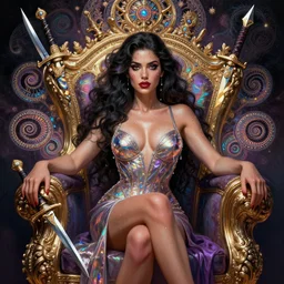 Power, Maya Ali sorceress, pinup, fame of thrones, lord of daggers, sweat drops, fibonacci, fractals, insane, prismatic, intricate, highly detailed, digital painting, artstation, concept art, smooth, sharp focus, illustration, Unreal Engine 5, 8K, art by artgerm and greg rutkowski and alphonse mucha