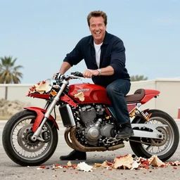arnold schwarzenegger joyfully devouring a motorcycle piece by piece