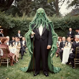 vintage color kodak photograph of : : cthulhu in a tuxedo at a fundraising : : in a private garden