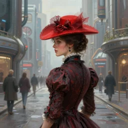 portrait of a victorian lady in a futuristic city, from behind, streets, beautiful, red hat, highly detailed, digital painting