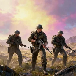 soldier battlefield 4 by simon stalenhag and robbert sammelin and eric persson, battlefield 4, 4 k, hd wallpaper, hdr, tonemapping, detailed, atmospheric, global illumination, majestical lighting, saturated, wet, ray tracing, anamorphic lens, chromatic aberration, vivid pastel color scheme