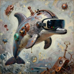 junky dolphin, cybertronic gadgets and vr helmet, durty colours, rotten textures, rusty shapes, biotechnology, bao pnan, tim hildebrandt, wayne barlow, bruce pennington, donato giancola, larry elmore, oil on canvas, masterpiece, trending on artstation, featured on pixiv, cinematic composition, hyper - detailed, hd, hdr, 4 k, 8 k