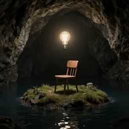 a matte painting of a chair under a lightbulb on a tiny island in a black cave lake, artstation, surreal, dramatic lighting