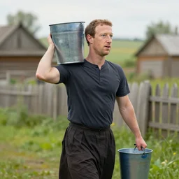 mark zuckerberg in a dress carries a bucket of water, russian village, realism, maximum detail, high quality, depth of field, soft light, proportions, composition, classicism painting,