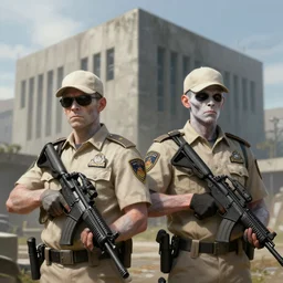 pale zombie security guard officers in beige uniform with background burtalist concrete building by greg rutkowski trending on artstation digital painting highly detailed 4 k 8 k hd holding bullpup