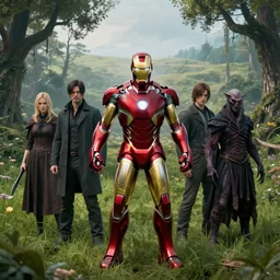 portrait of marvels ironman ( ( ( surrounded by grass ) ) ) ( ( ( ( ( and trees ) ) ) ) ) by hr giger, greg rutkowski, luis royo and wayne barlowe as a diablo, resident evil, dark souls, bloodborne monster, courtroom, elden ring creature : : in a garden, grassy field, large field in the background