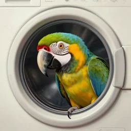 a beautiful illustration of a parrot with its head outside a washing machine, intricate, sharp focus, illustration, highly detailed, digital painting, concept art, matte, art by wlop and artgerm and greg rutkowski and alphonse mucha, masterpiece