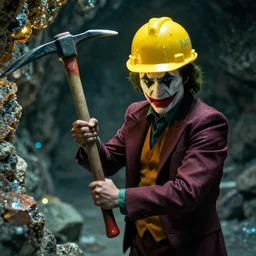 cinematic shot of the joker wearing a yellow miner helmet and holding a bright pickaxe in a mine full of shiny minerals, 8 k, very intricate, very detailed,