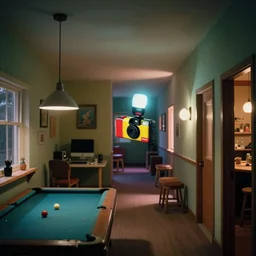 a weird modern confined place, house, playground, office, pool, bar, pub, room, hall way with eerie feeling, disposable colored film camera, camera flash, unusual place, unsettling, kids place, night scene