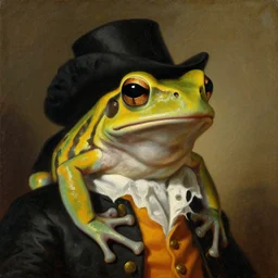 a head and shoulders portrait painting of an anthropomorphic!!!!!!!!!! amazon milk frog!!!!!!!!!! wearing a colonial outfit without a hat looking off camera, a character portrait, neoclassicism, history painting, oil on canvas, dense horizontal brushstrokes