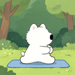 a still frame illustration of a white fluffy dog molecule doing yoga in a central park by quint buchholz, cheng hsiao - ron, wes anderson, fujita goro, edward hopper, rene magritte, simon stalenhag, fine details, ornate, simon stalenhag