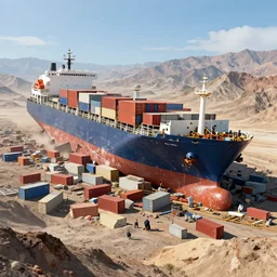 absolutely gigantic cargo ship run aground on top of death valley mountains shipping containers everywhere around it. jasmin habezai - fekri, anton fadeev, tony zhou shuo, greg rutkowski, unreal engine 5