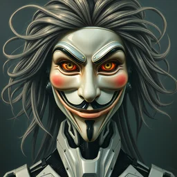 perfectly centered portrait, front view of a beautiful biomechanical android alien anonymous guy fawkes robot, female, mickey mouse, flowing hair, intense stare, sarcastic smile, symmetrical, concept art, intricate detail, volumetric shadows and lighting, realistic oil painting by tim hildebrandt,