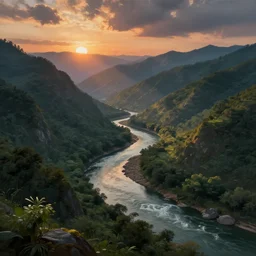 digital painting of a lush sinuous river valley by artgerm. river. sunset. chiho aoshima. digital render. detailed. beautiful landscape.